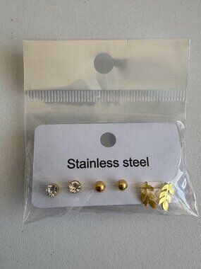 Gold Stainless Steel Stud Earrings Set Leaf Minimalist Multi Pack